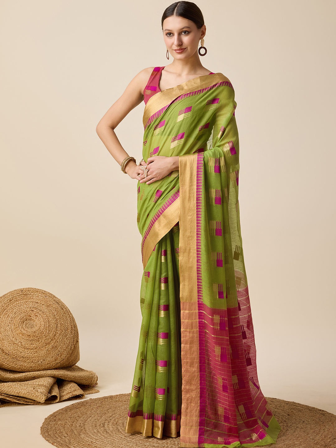 

Upalksh Woven Design Zari Pure Cotton Banarasi Saree, Green