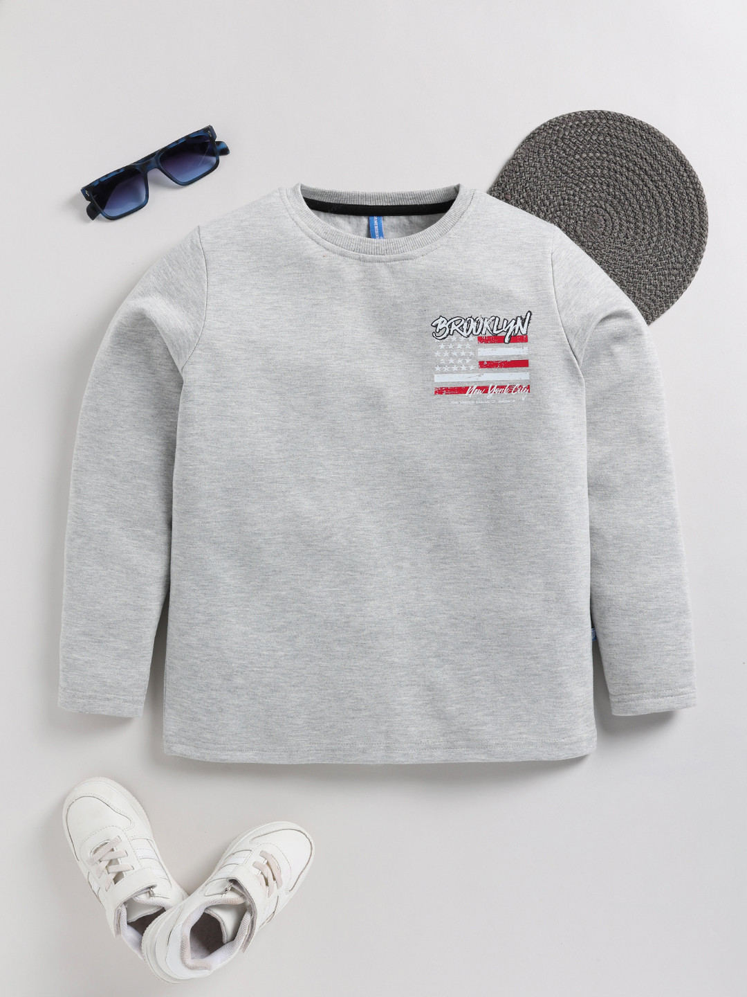 

Here&Now X Game Begins Boys Back Printed Sweatshirt with Brushed Fleece Lining, Grey melange