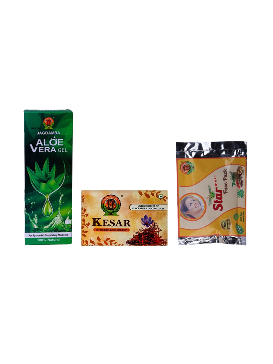 

Jagdamba Herbal Set Of 3 Aloe Vera Gel 100 g With Kesar Soap 75 g & Star Face Pack 50 g, Green