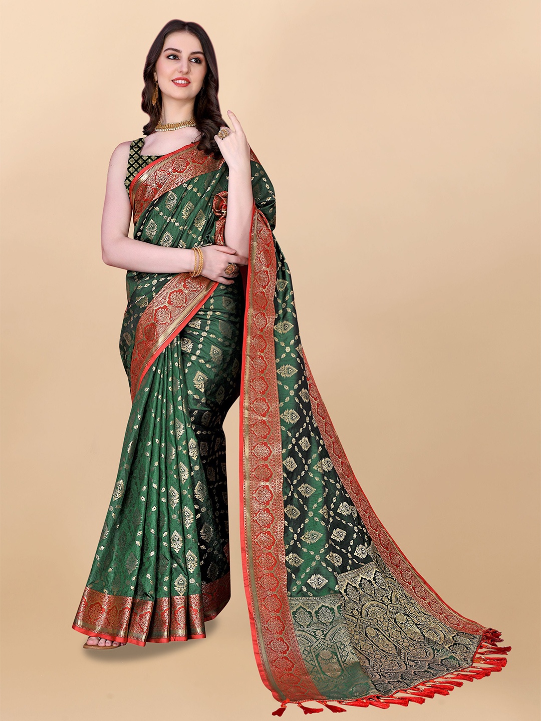 

Upalksh Ethnic Motifs Woven Design Banarasi Saree, Green
