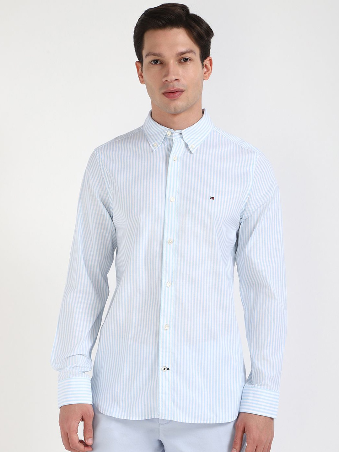 

Tommy Hilfiger Men Slim Fit Button-Down Collar Vertical Striped Cotton Casual Shirt, Blue