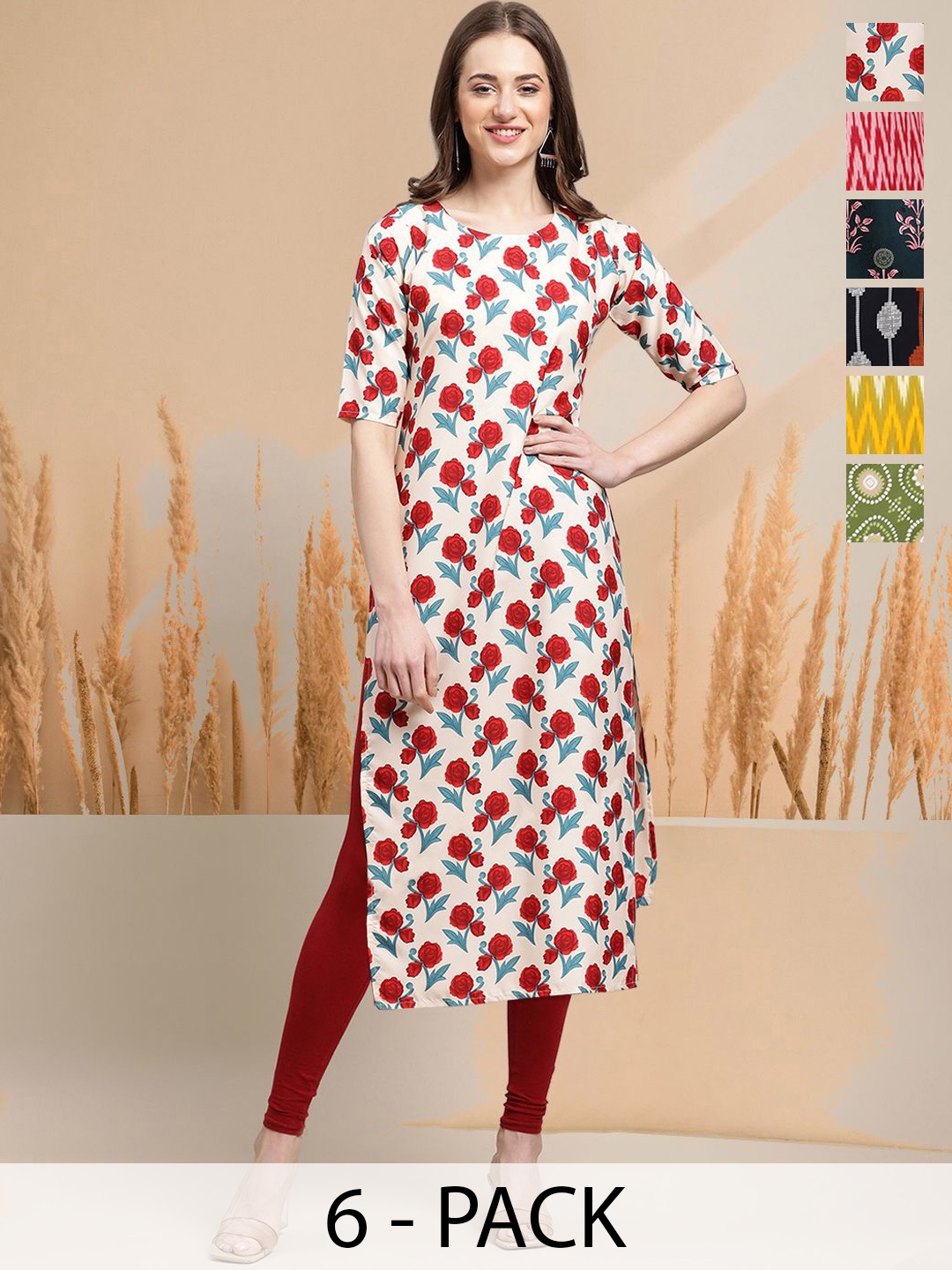 

7Threads Selection Of 6 Floral Printed Straight Kurtas, Cream