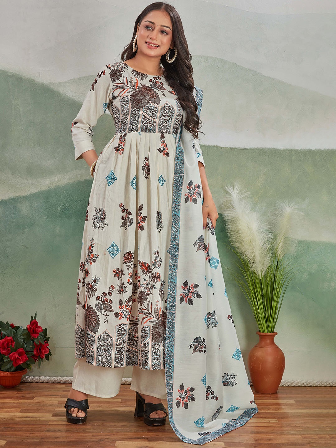 

ZIRVI Floral Printed Pure Cotton Khadi Anarkali Kurta With Palazzos And Dupatta, White