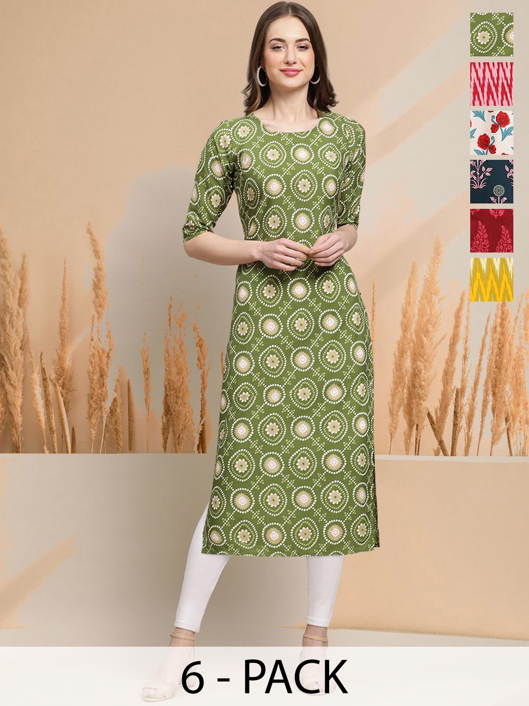 

7Threads Selection of 6 Geometric Printed Round Neck Straight Kurtas, Green