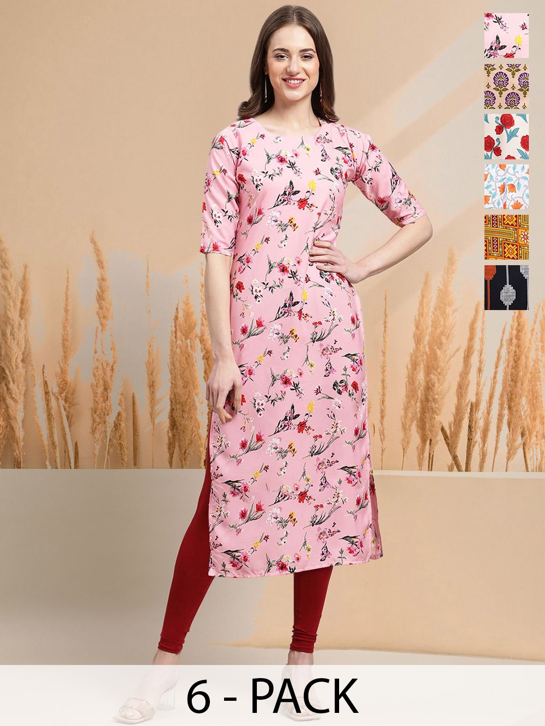 

7Threads Selection Of 6 Floral Printed Round Neck Straight Kurtas, Pink