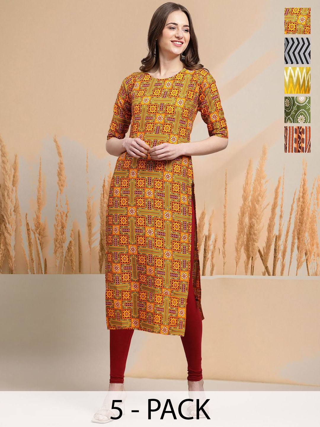 

7Threads Selection Of 5 Ethnic Motifs Printed Round Neck Straight Kurtas, Orange