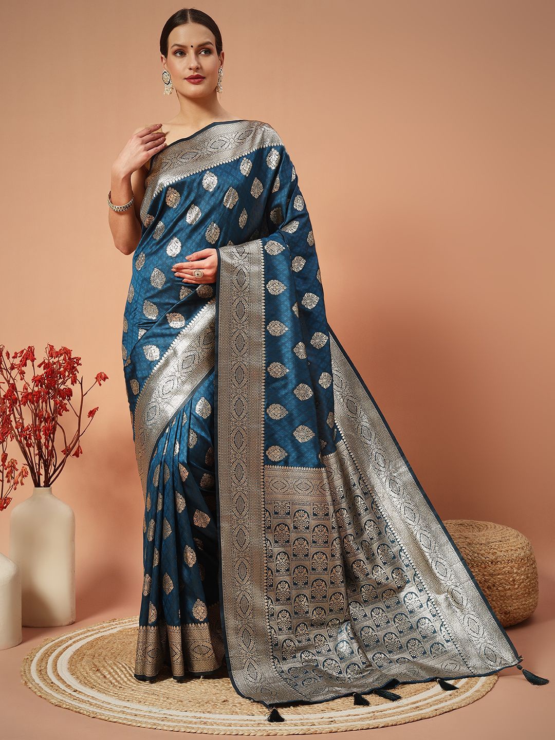 

SWAMI STUDIO Woven Design Zari Pure Silk Designer Banarasi Saree, Navy blue