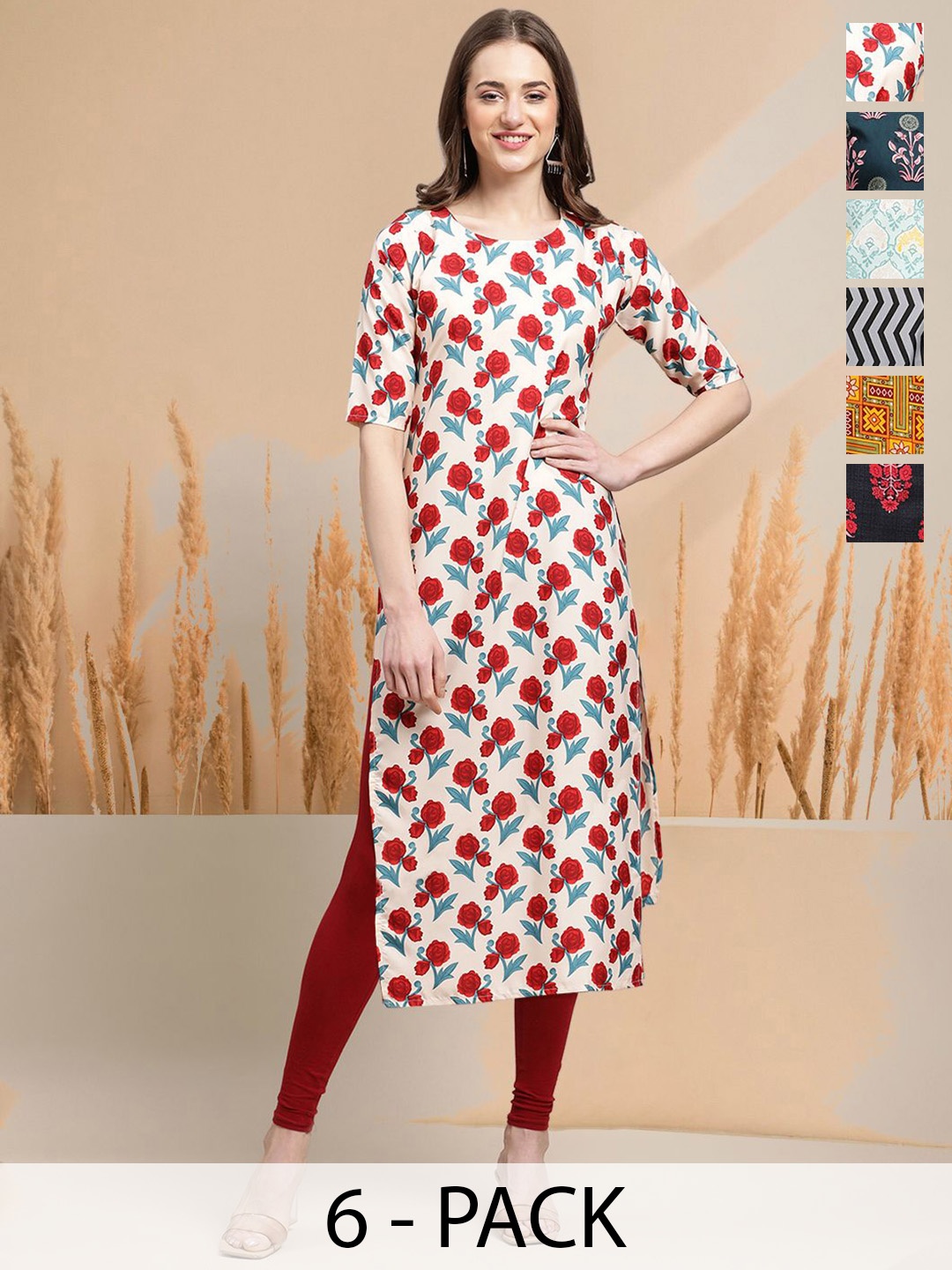 

7Threads Selection Of 6 Floral Printed Round Neck Kurtas, Cream