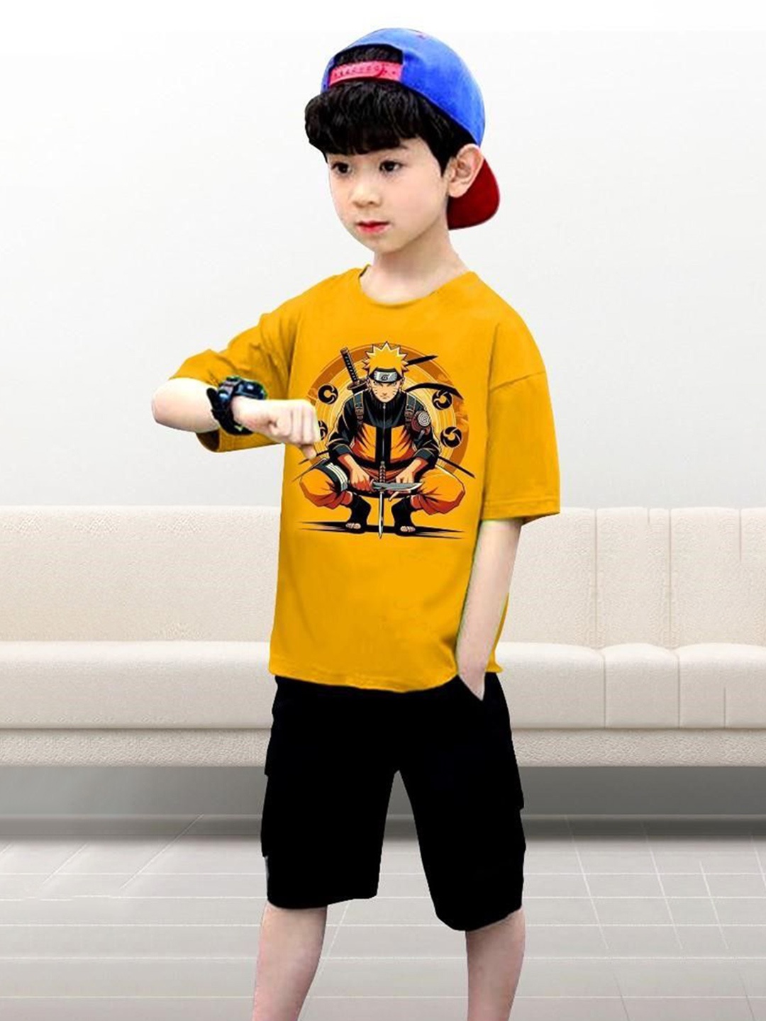 

BILLYBALL Kids Printed Round Neck Pure Cotton T-Shirt With Shorts, Yellow
