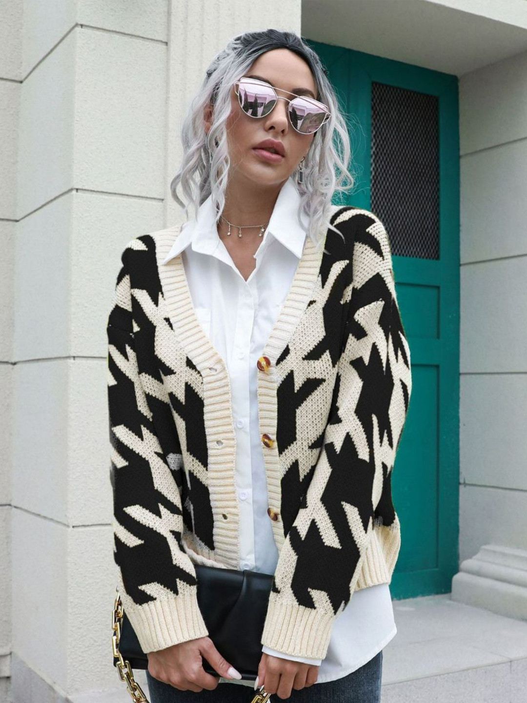 

Oh Rare Women Geometric Printed Cardigan, Beige