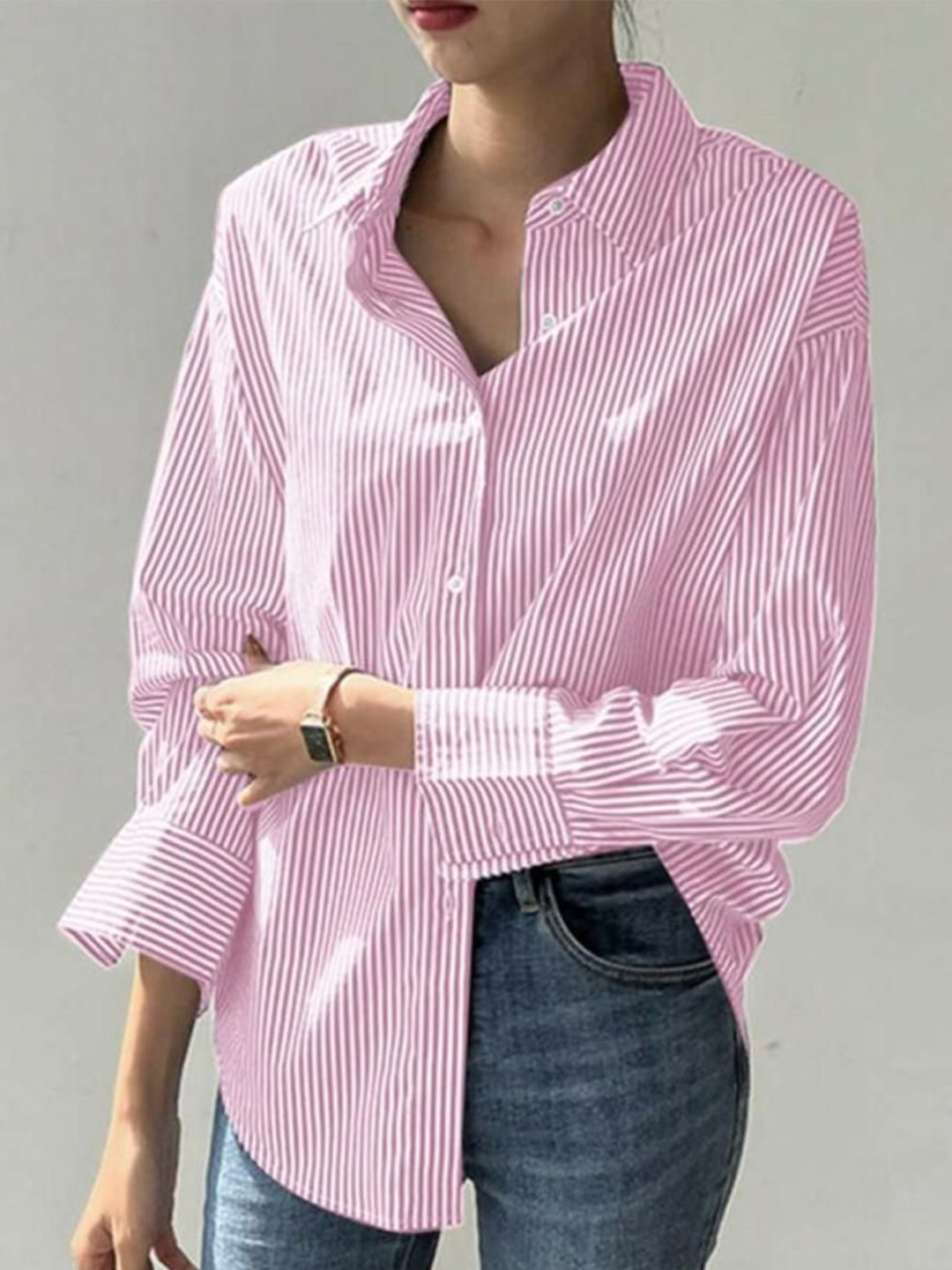 

Just Fab Women Standard Slim Fit Spread Collar Vertical Striped Cotton Casual Shirt, Pink