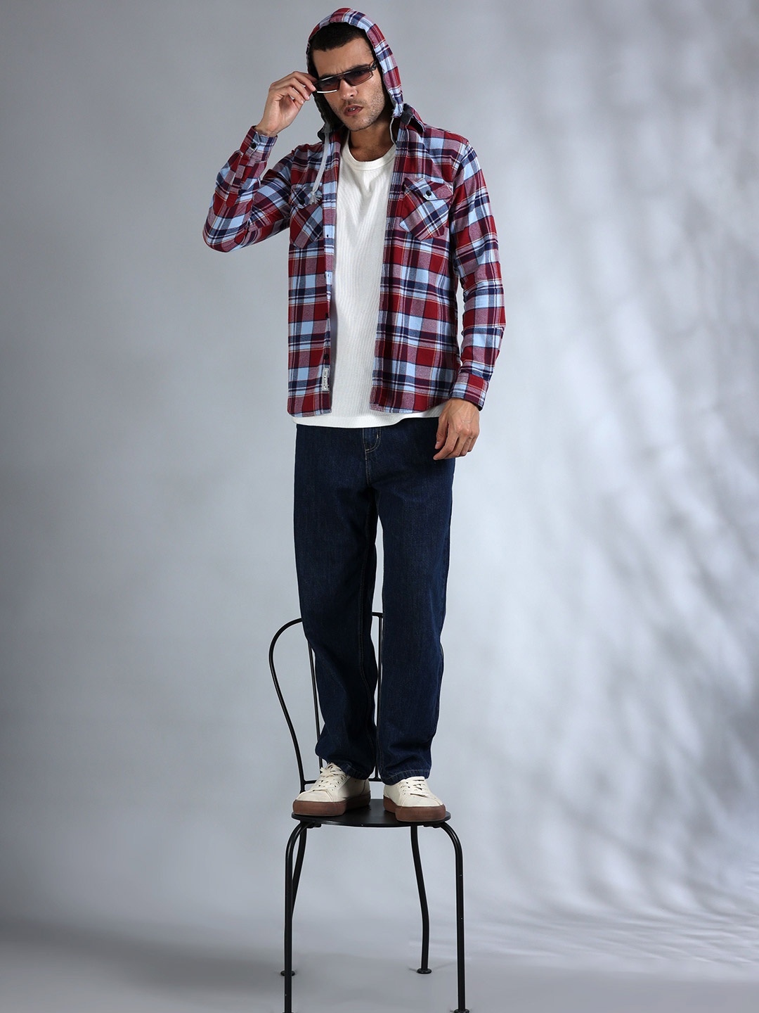 

HOUSE OF MAHNOTS Men Comfort Slim Fit Hood Tartan Checked Cotton Casual Shirt, Red