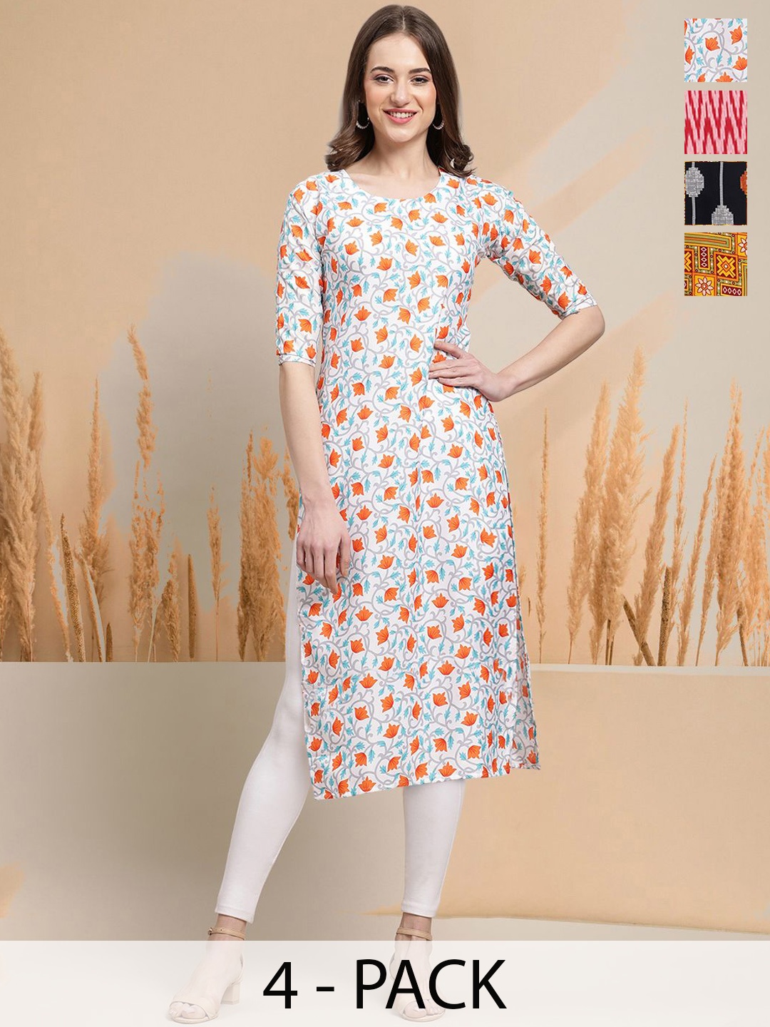 

7Threads Selection Of 4 Floral Printed Round Neck Straight Kurtas, White