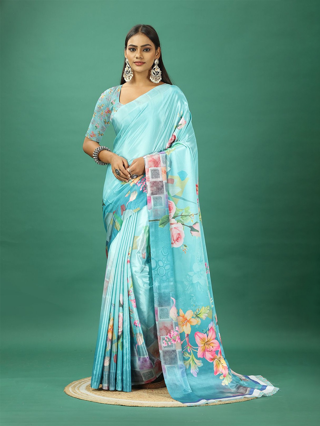 

A.V.M. SILK MILLS Floral Pure Crepe Saree, Blue