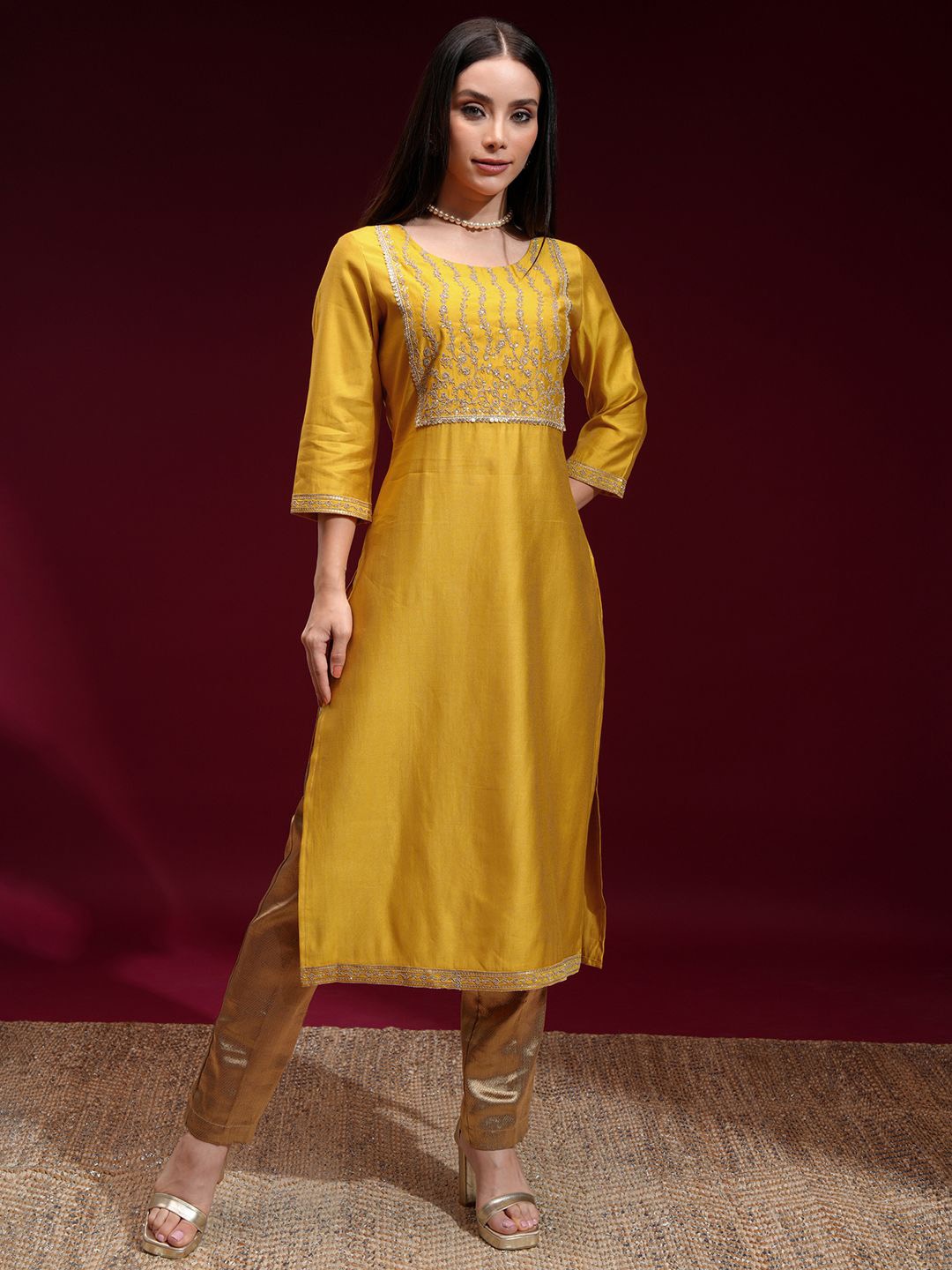 

Vishudh Floral Embroidered Yoke Design Sequinned Straight Kurta, Mustard