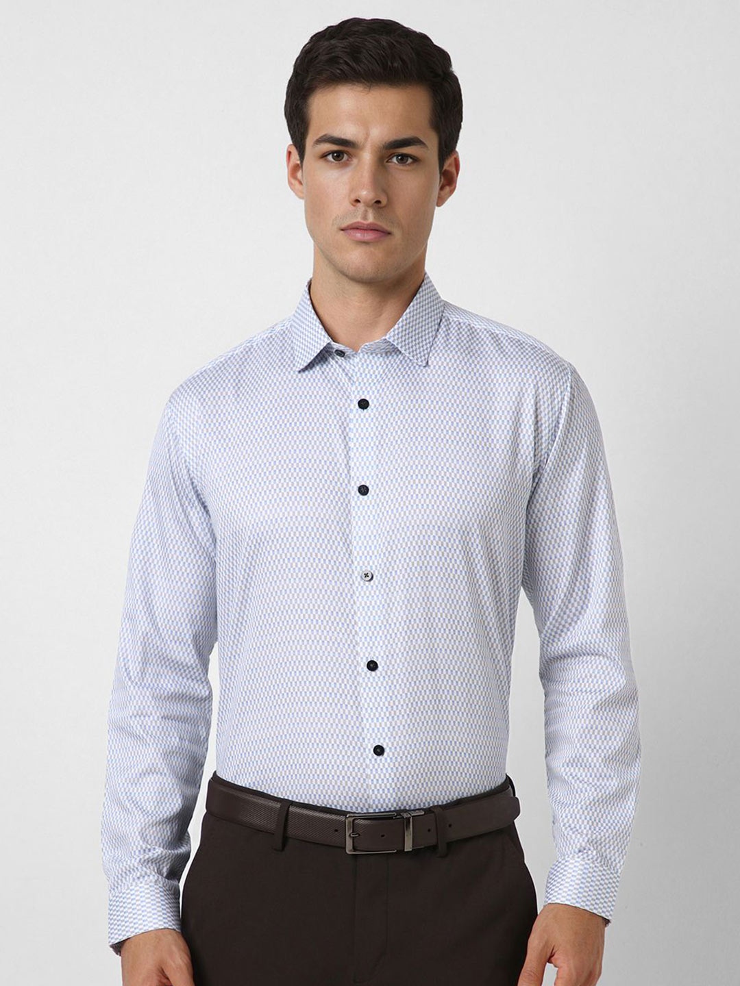 

V Dot Men Slim Fit Spread Collar Micro Ditsy Printed Cotton Casual Shirt, White