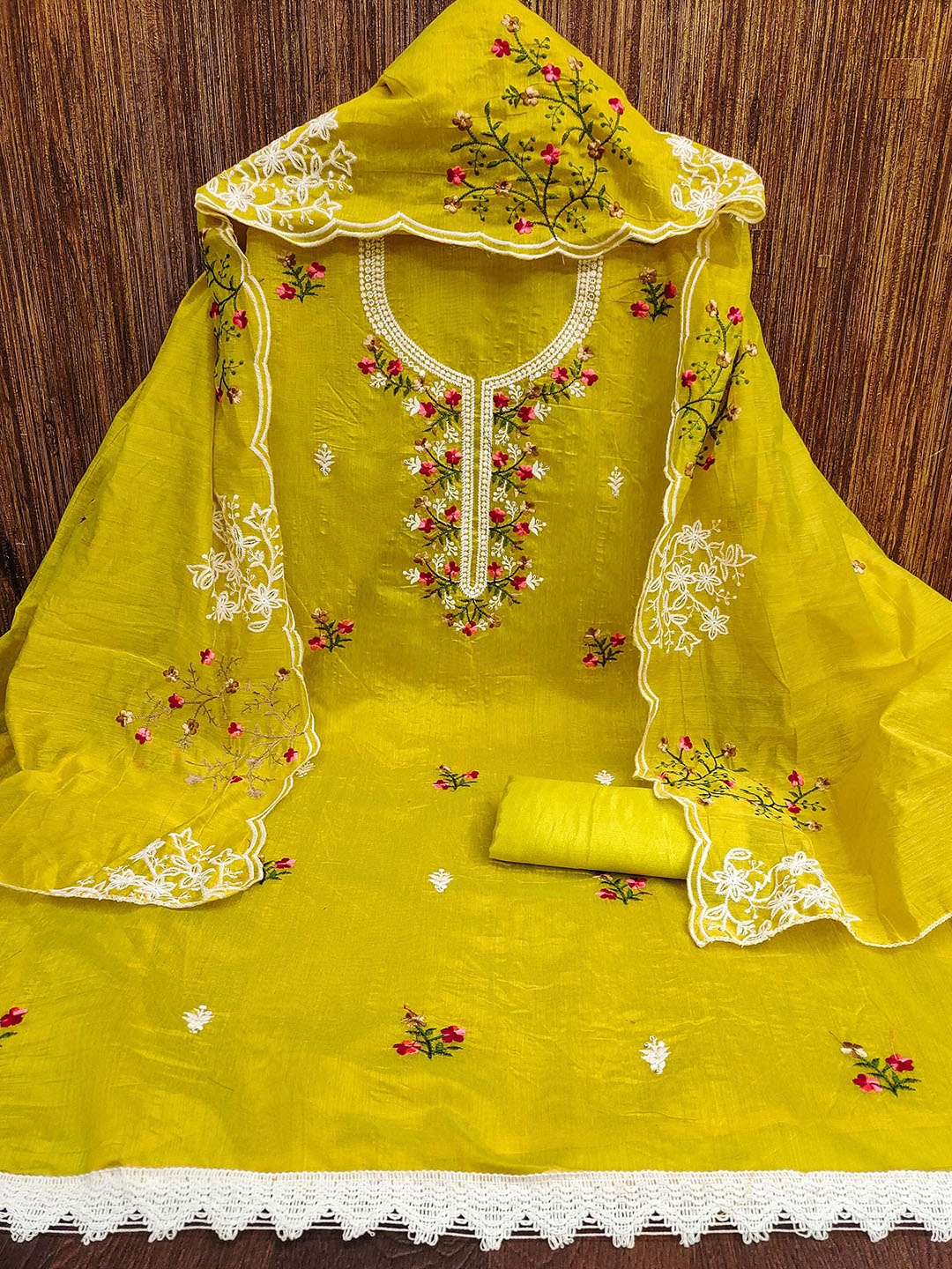 

KALINI Floral Embroidered Chanderi Cotton Unstitched Dress Material, Lime green