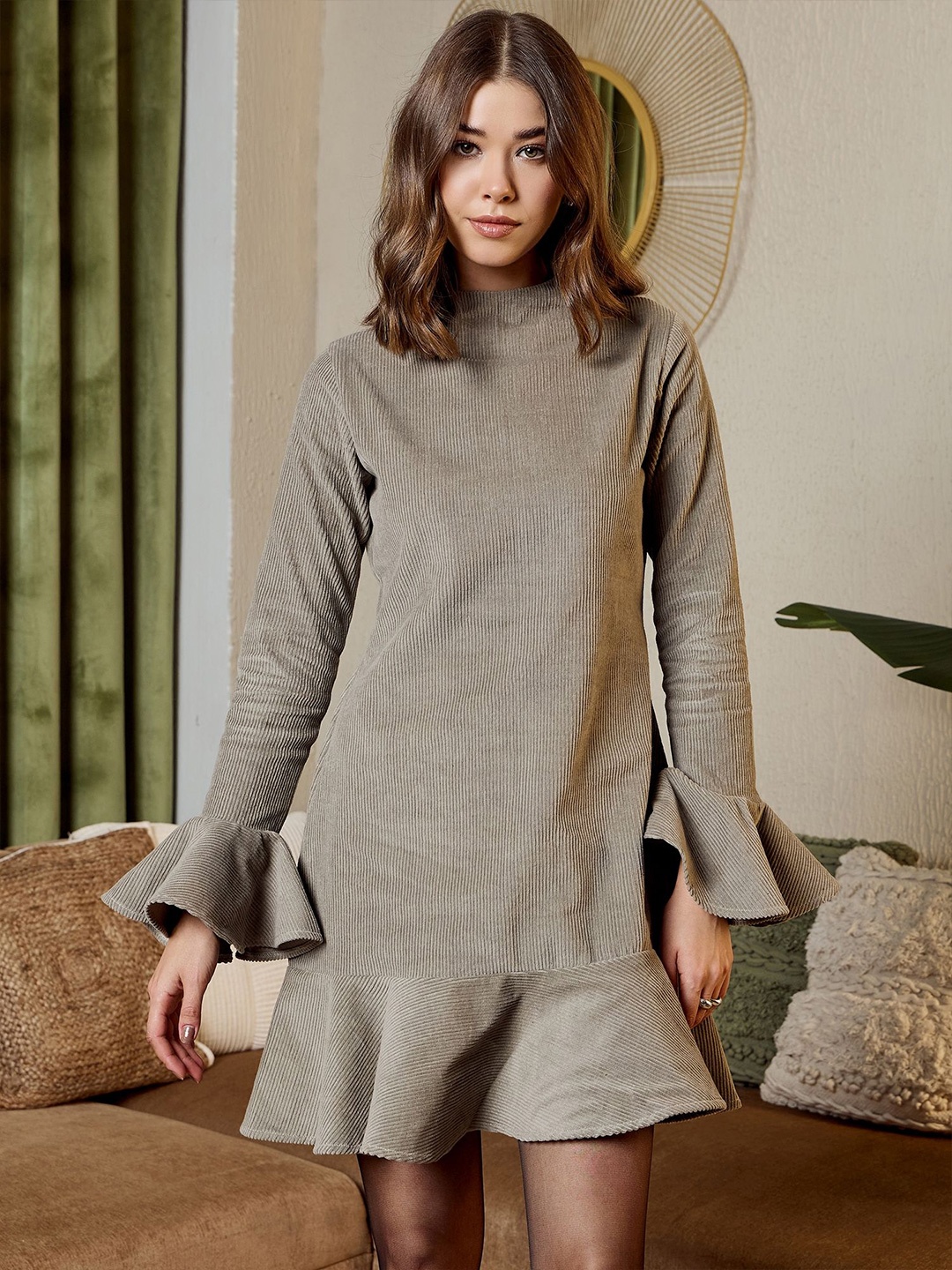

MABISH by Sonal Jain Women High Neck Cotton Mini Dress With Frill At Bottom, Grey
