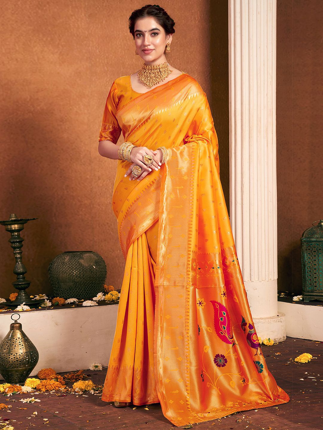 

KALINI Woven Design Zari Paithani Saree, Yellow