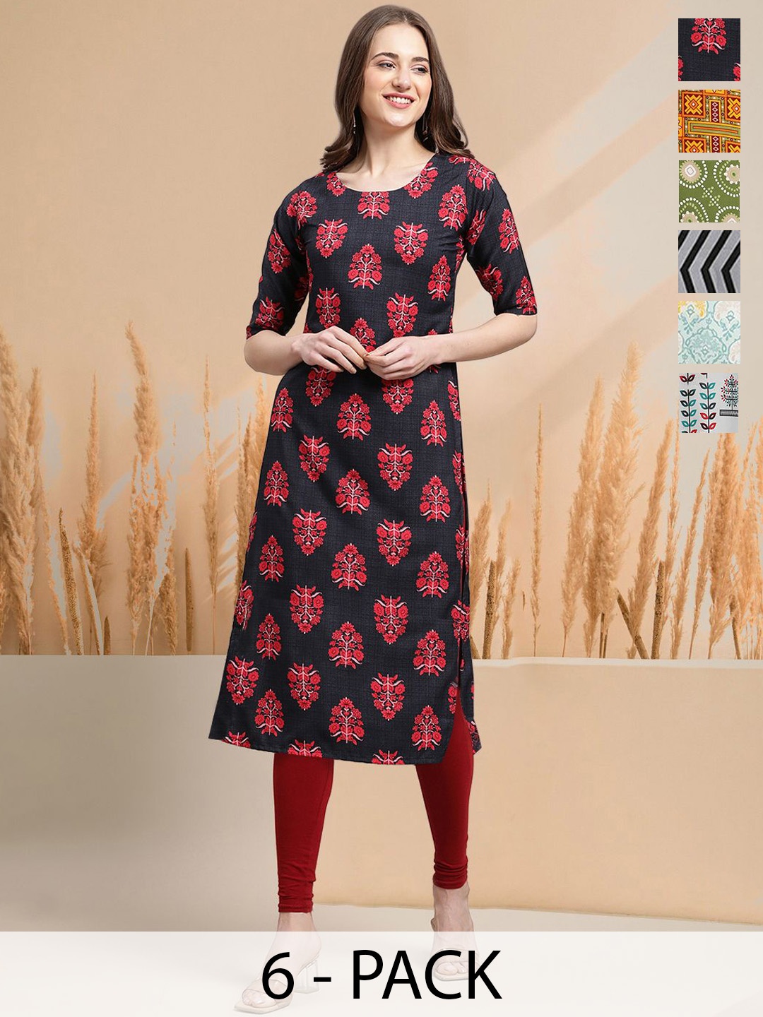 

7Threads Selection Of 6 Floral Printed Round Neck Straight Kurtas, Black