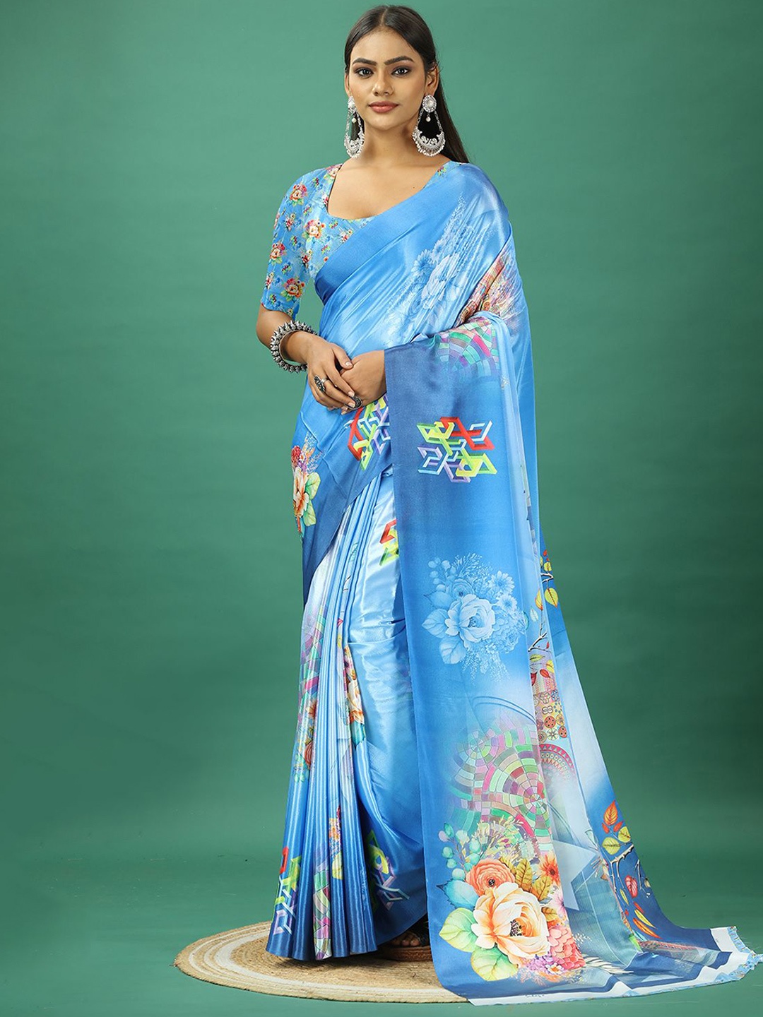 

A.V.M. SILK MILLS Floral Printed Satin Saree, Blue