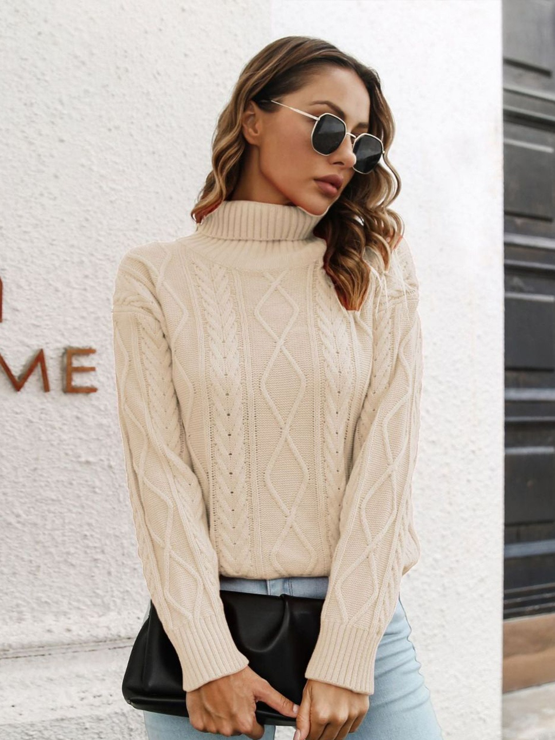 

Oh Rare Women Cable Knit Self Design Pullover, Beige