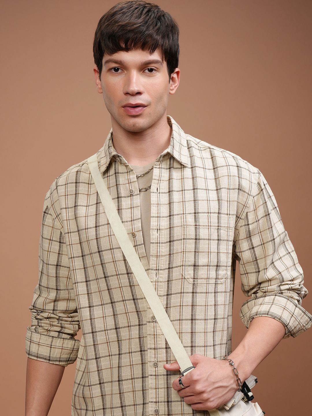 

HIGHLANDER Men Relaxed Fit Spread Collar Tartan Checked Cotton Casual Shirt, Cream