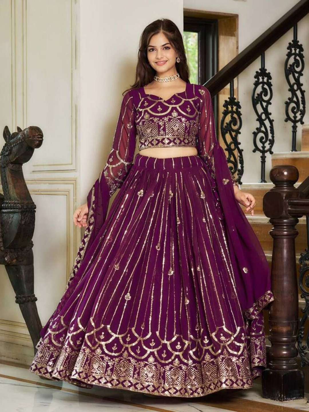 

KALINI Embroidered Sequinned Ready to Wear Lehenga & Blouse With Dupatta, Purple