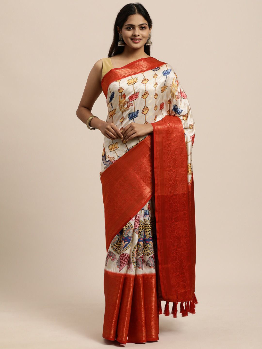 

ZIBLON Kalamkari Zari Kanjeevaram Saree, White