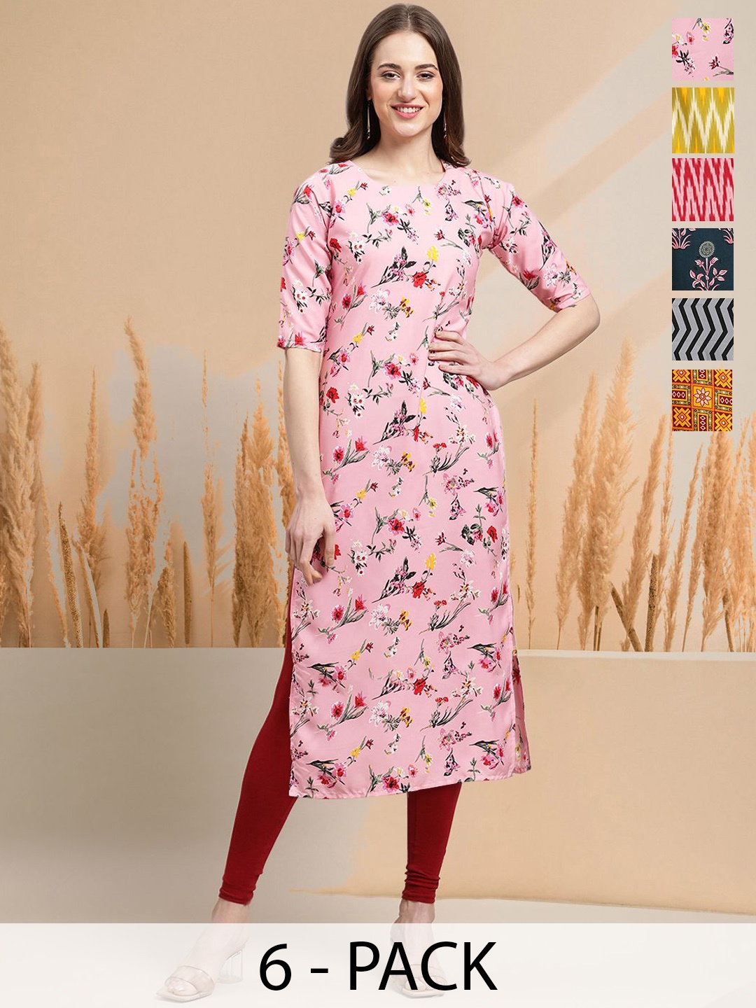 

7Threads Selection of 6 Floral Printed Round Neck Straight Kurtas, Pink