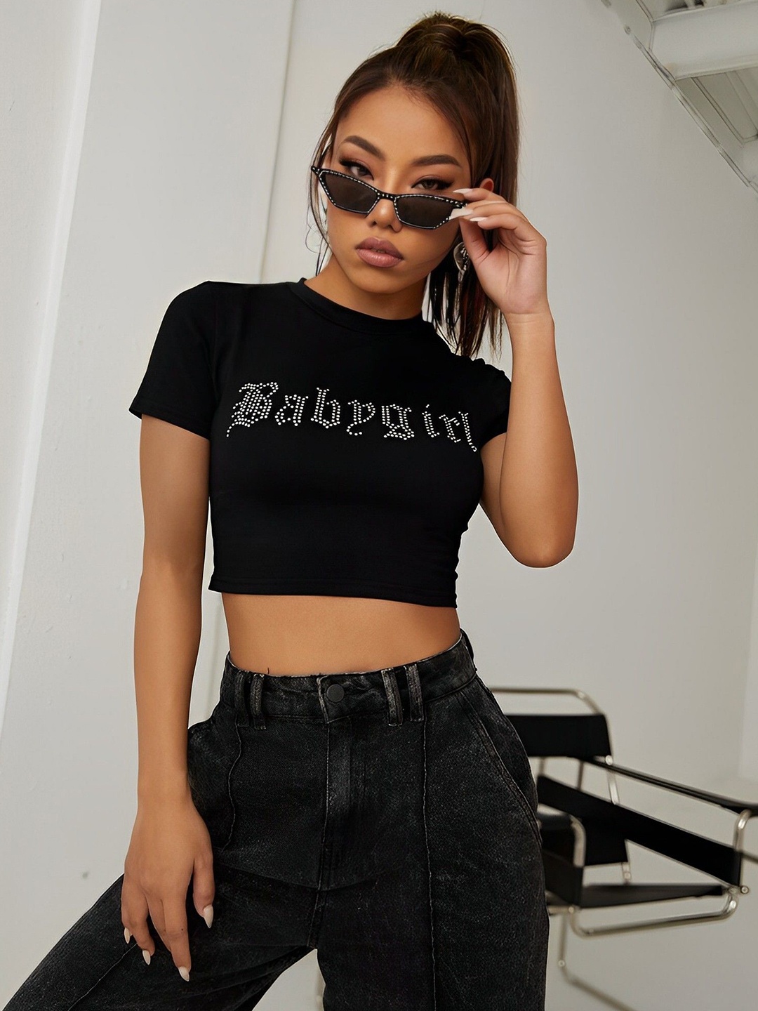 

sollobell Print Cotton Crop Top, Black