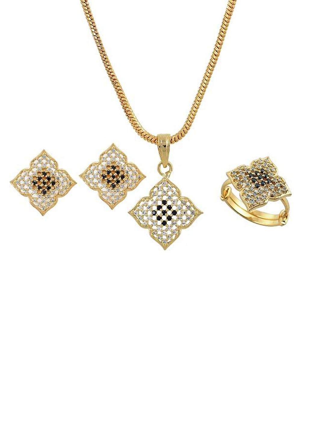 

Kezlin Gold-Plated American Diamond-Studded Pendant & Earrings With Finger Ring