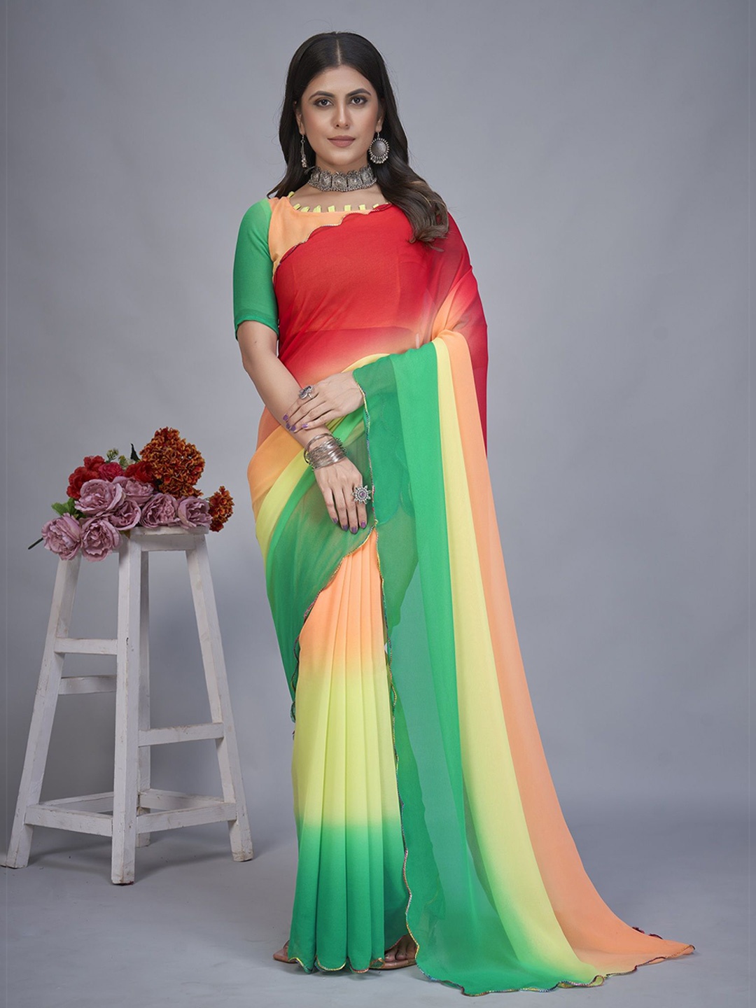 

A TO Z CART Colourblocked Pure Georgette Saree, Green