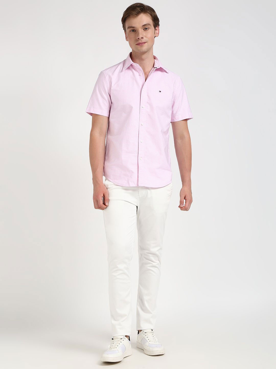 

Tommy Hilfiger Men Spread Collar Micro Checked Cotton Casual Shirt, Pink