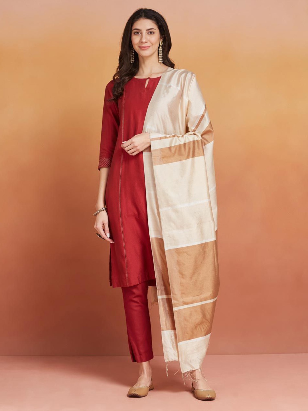 

Fabindia Striped Woven Design Tasselled Silk Dupatta, Beige