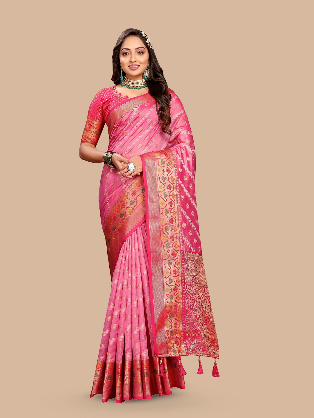 

Upalksh Woven Design Floral Zari Banarasi Saree, Pink