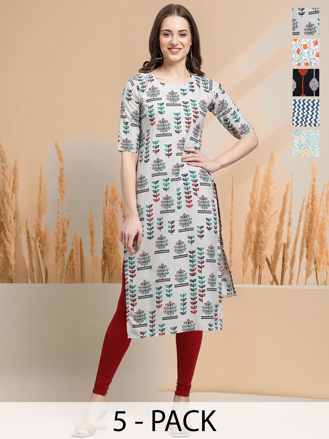 

7Threads Selection Of 5Floral Printed Straight Kurtas, Grey