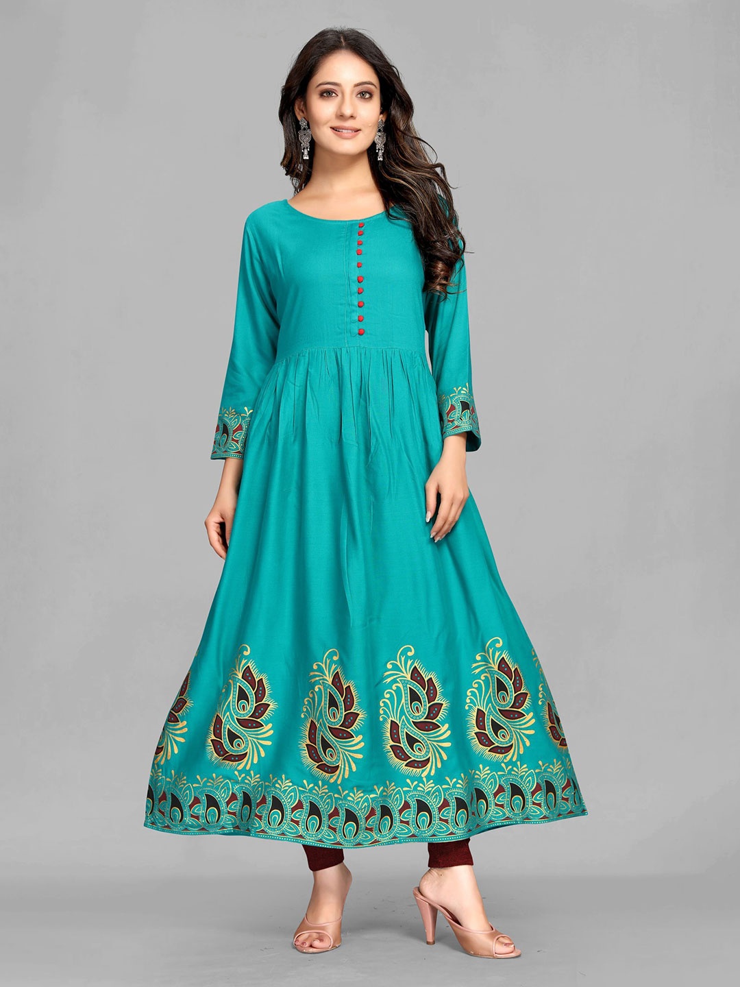 

Krimmple Ethnic Motifs Printed Round Neck Anarkali Kurta, Green