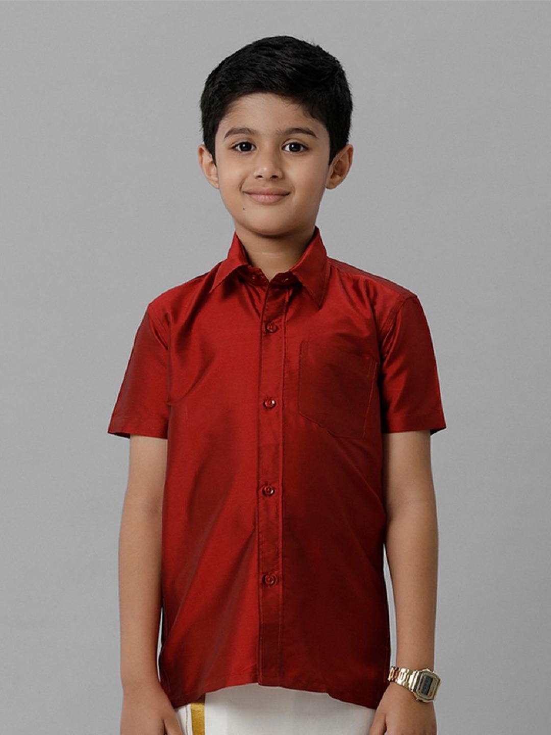 

Ramraj Boys Solid Short Sleeve Shirt With Chest Pocket, Maroon