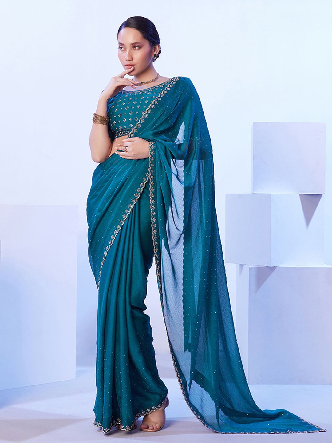

Mitera Embellished Beads and Stones Satin Saree, Teal