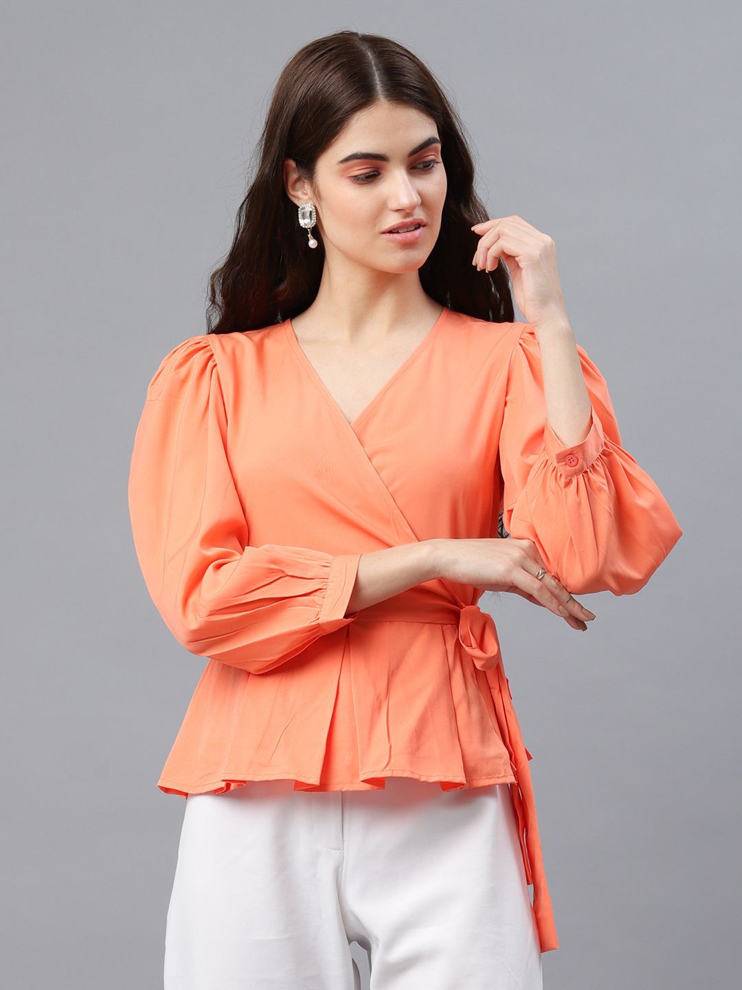 

DressBerry Puff Sleeve Wrap Top, Orange