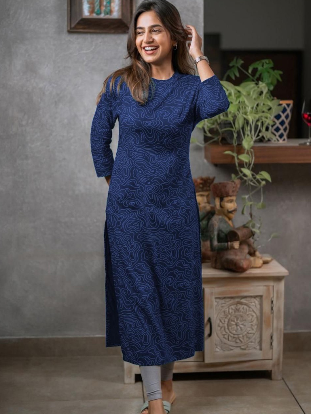 

BINDUDI Women Printed Kurta, Navy blue