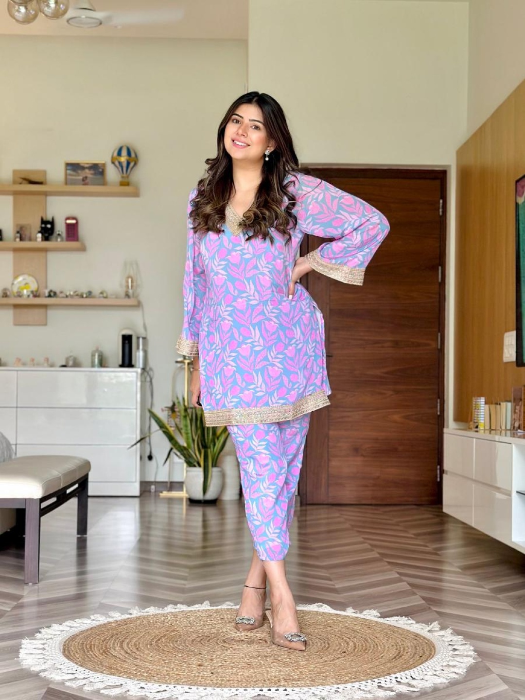 

Lookmark Floral Printed V Neck Tunic With Trousers, Purple