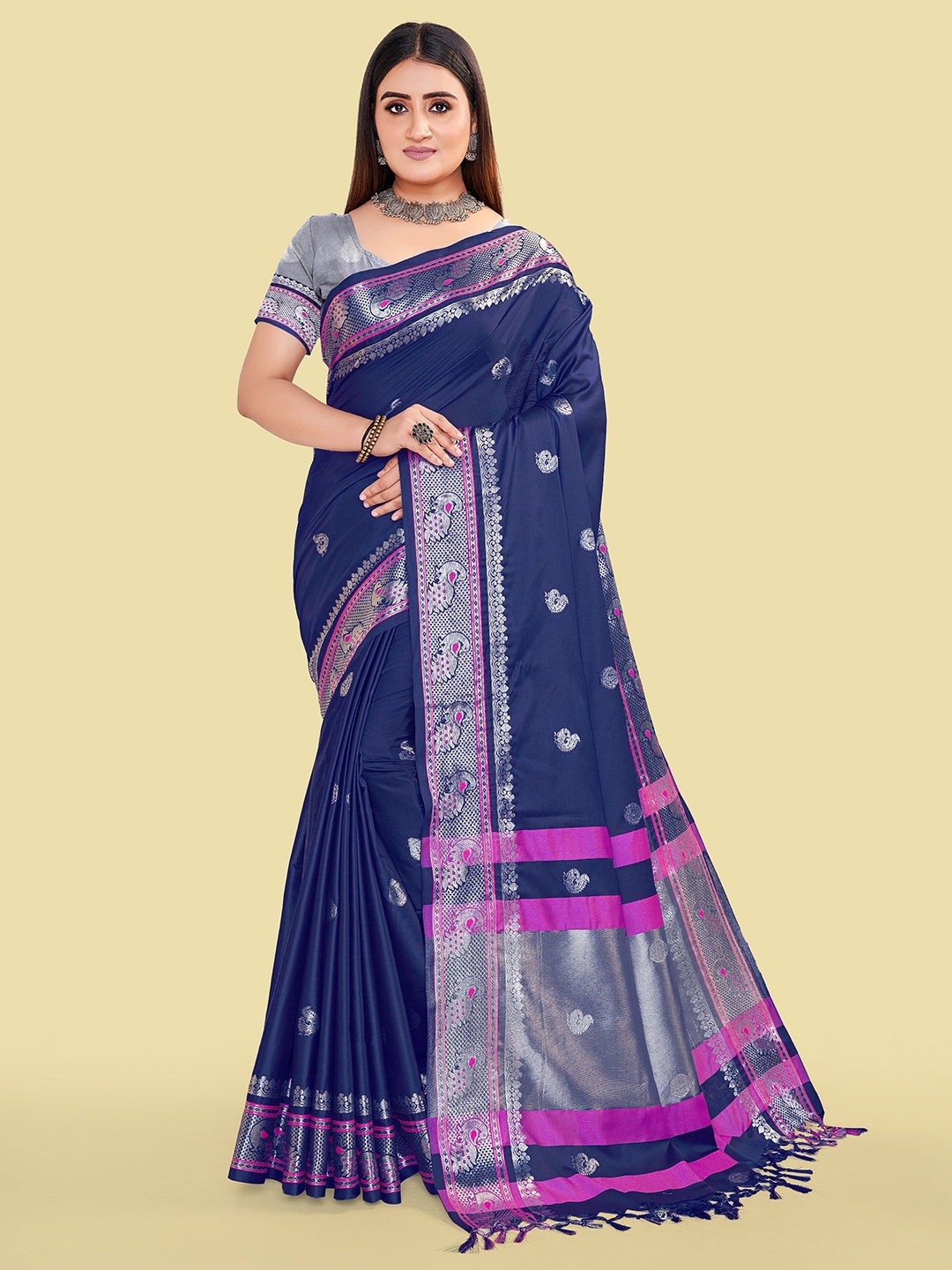 

Upalksh Floral Zari Paithani Saree, Navy blue