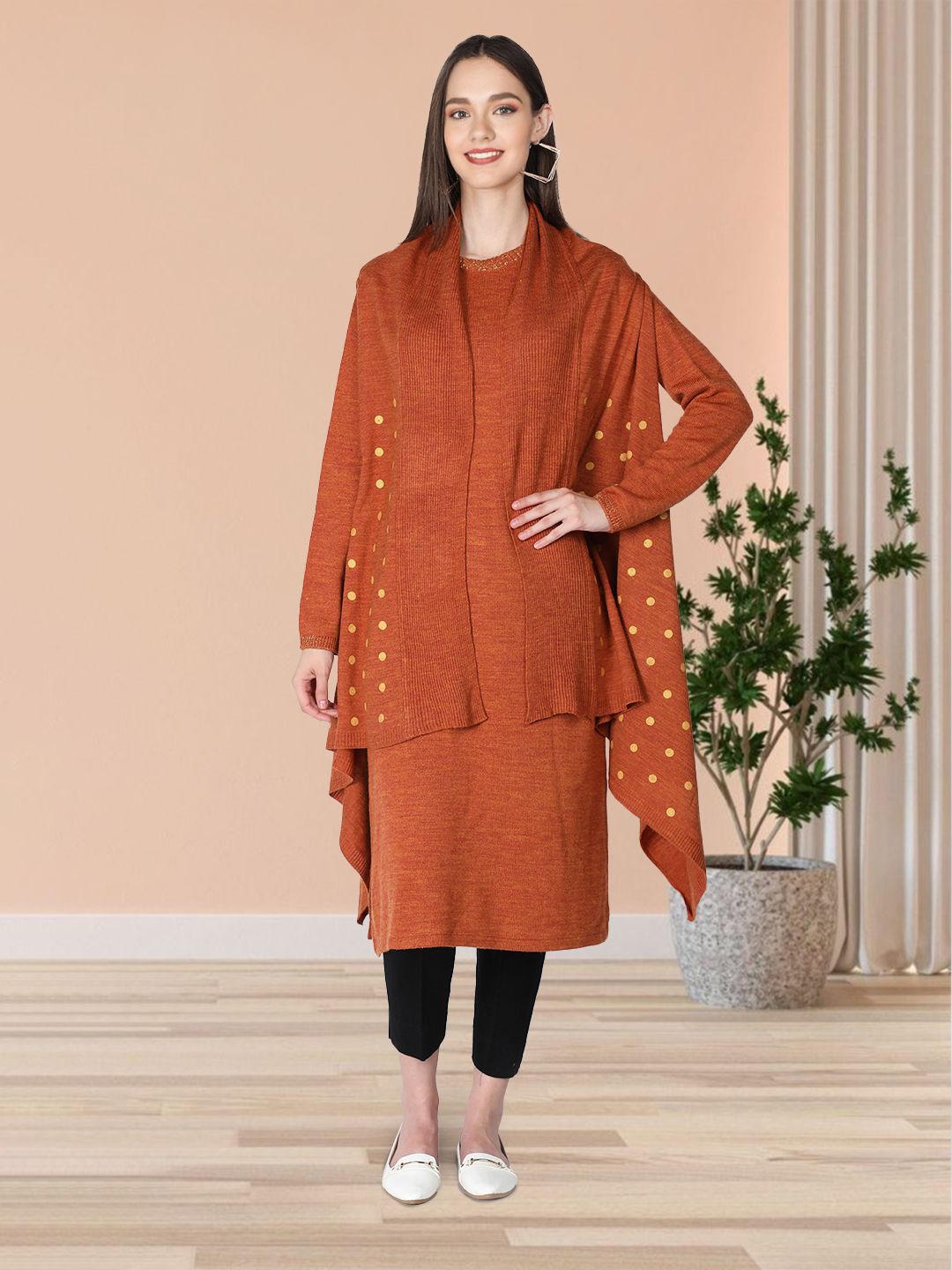 

CHKOKKO Round Neck Acrylic Kurta, Rust