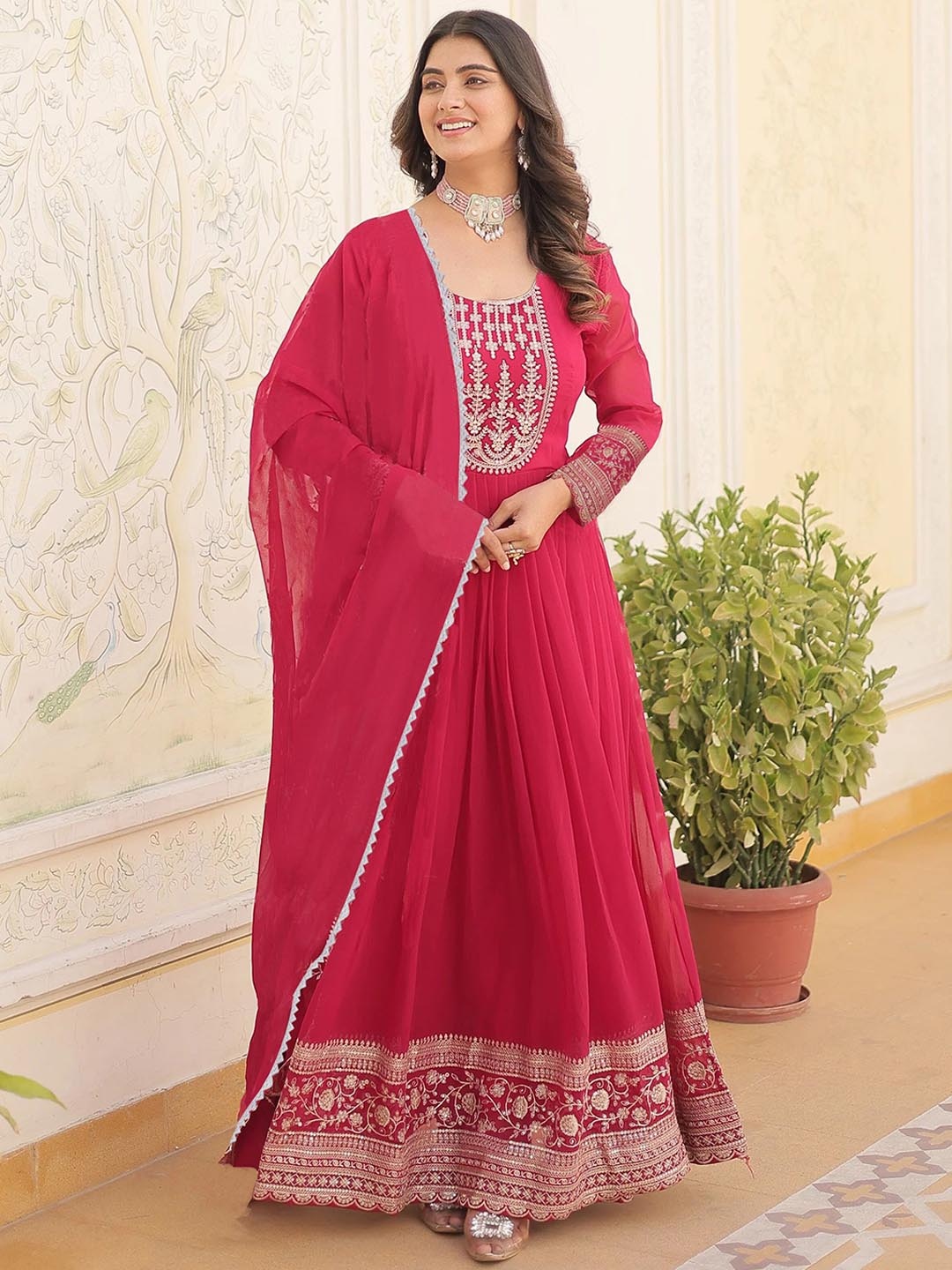 

Kedar Fab Ethnic Motifs Embroidered Thread Work Georgette Ethnic Dresses With Dupatta, Pink