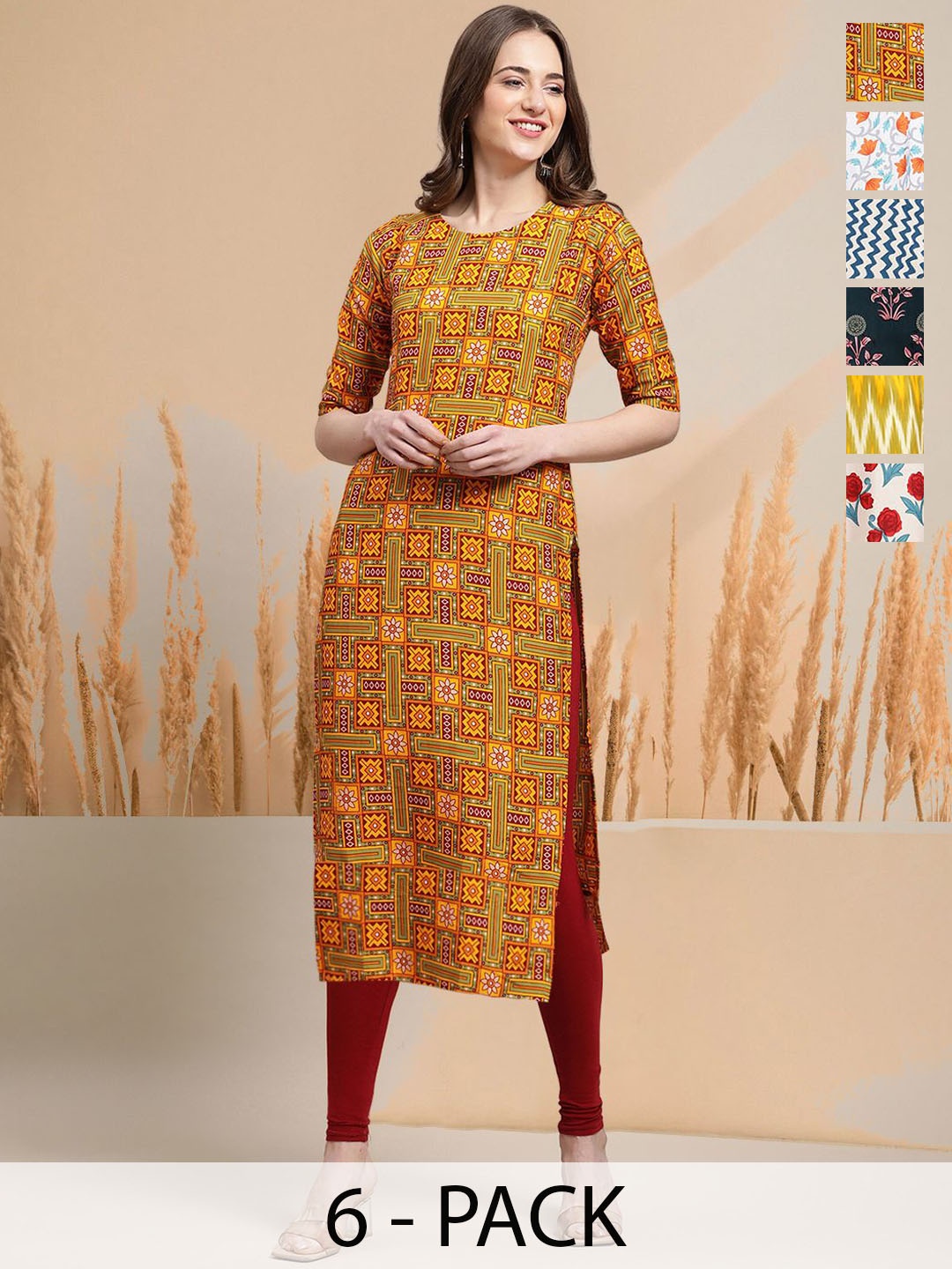 

7Threads Selection Of 6 Ethnic Motifs Printed Round Neck Straight Kurtas, Orange