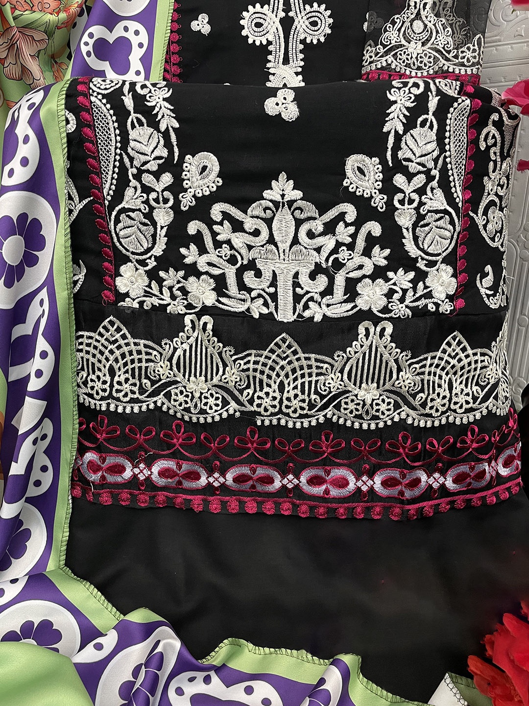 

ANAMSA Floral Embroidered Semi-Stitched Dress Material, Black