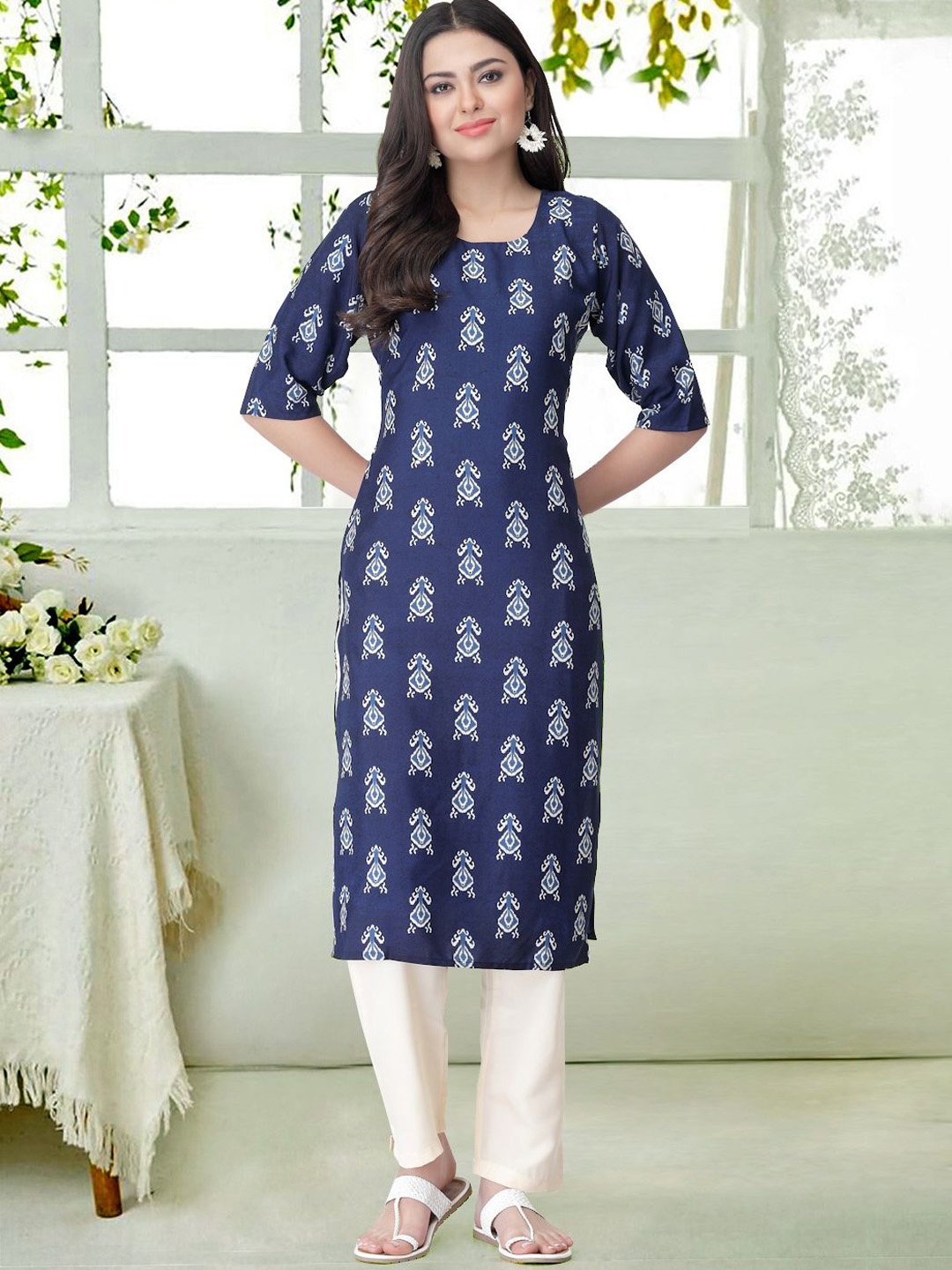 

7Thread Ethnic Motifs Printed Round Neck Straight Kurta With Trousers, Blue