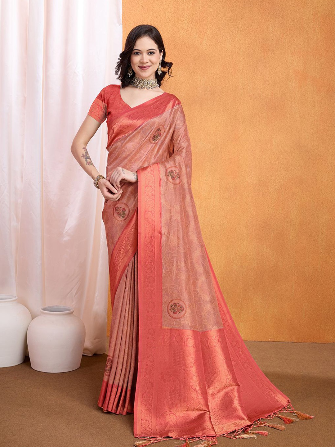 

Mitera Woven Design Paisley Zari Banarasi Saree, Coral